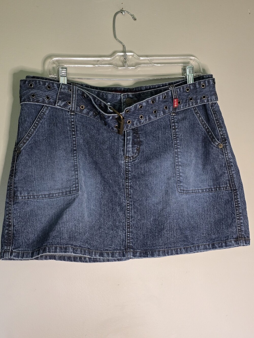 Y2K Mudd Blue Denim Mini Skirt with Grommet Belt, Low Rise